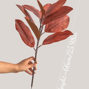 May include: A faux botanical stem featuring multiple large, oval-shaped leaves in a deep rust-brown colour with visible vein textures. The stem has a total height of 66cm as indicated by the text printed on the image.