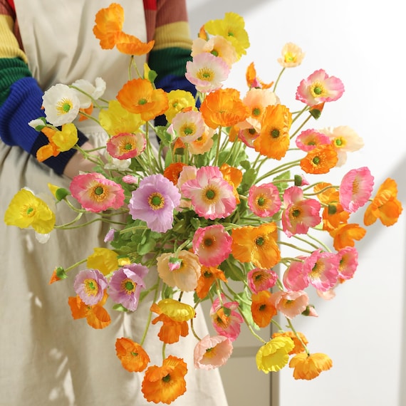 4 Heads Artificial Poppy Flowers, Faux Poppy Bouquet, Realistic Poppy Flower Stem, Floral Arrangement for Vase, Home Decor Table Centerpiece