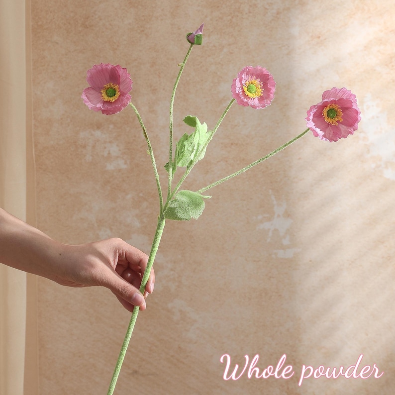 May include: A sprig of artificial pink poppies with yellow centres and green stems and leaves. The text "Whole powder" is written in a cursive font at the bottom right of the image.