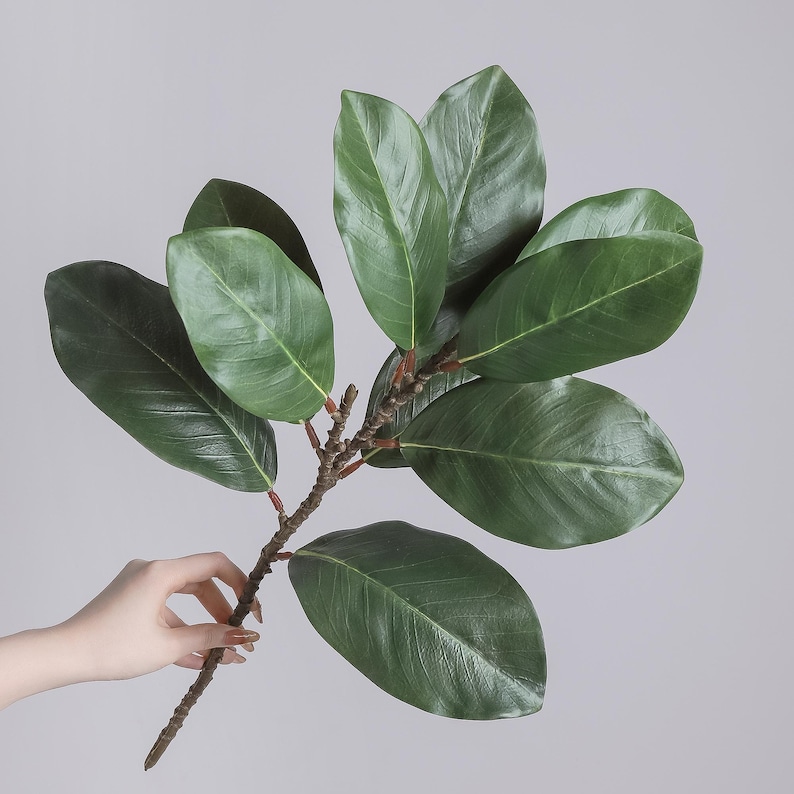 May include: A faux magnolia branch featuring multiple large, glossy, dark green oval leaves with visible veins. The stem is brown and textured, branching out to support the foliage. The leaves have a smooth, waxy appearance and are arranged along the central woody stem.