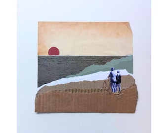 Contemporary collage art, original and unique work, minimalist, women in front of the SEA