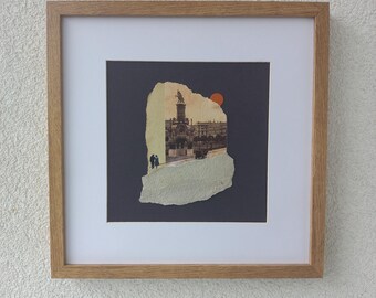 Contemporary collage art, original and unique work, minimalist, vintage San Sebastian bridge
