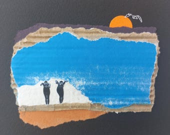 Contemporary collage art, original and unique work, minimalist, leap into the water