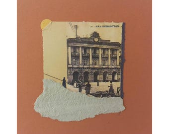 Contemporary collage art, original and unique work, minimalist, Plaza San Sebastián vintage