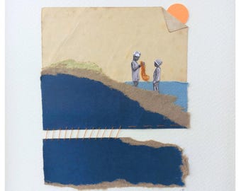 Contemporary collage art, original and unique work, minimalist, CHILDREN ON THE BEACH