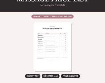 Plantilla de lista de precios de masajes, menú de servicios de bienestar (descarga instantánea en PDF)
