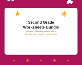 Arbeitsblätter für die 2. Klasse (7-8 Jahre): Druckbare Übungen zu Multiplikation mit Übertrag, Grammatik, Geld und Zeit. Sofort-Download.