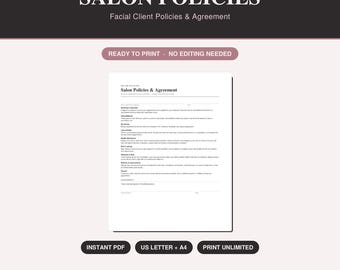 Formulario de políticas del salón de belleza facial, acuerdo con el cliente, términos y condiciones del tratamiento de la piel (descarga instantánea en PDF)
