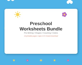 Vorschul-Arbeitsblätter-Paket, druckbare Übungen zu Formen, Zählen, Farben und Schneiden, für Kinder von 3-4 Jahren, sofortiger Download