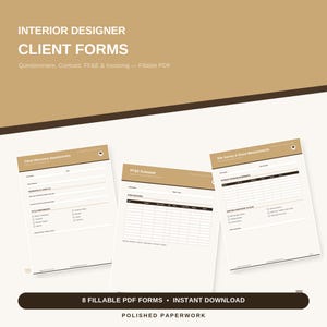 Interior Designer Client Forms Bundle, Fillable PDF, Questionnaire Contract FFE Schedule Site Survey Invoice, No Canva Needed