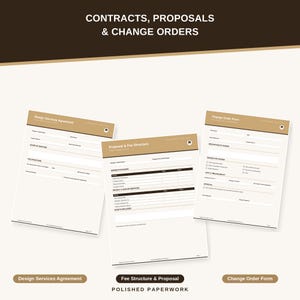 Puede incluir: Tres documentos comerciales impresos titulados Contracts, Proposals & Change Orders, que incluyen un Design Services Agreement, un Proposal & Fee Structure y un Change Order Form. Cada documento presenta un encabezado color canela con texto blanco.