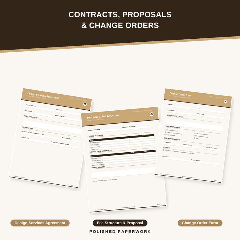 Puede incluir: Tres documentos comerciales impresos titulados Contracts, Proposals & Change Orders, que incluyen un Design Services Agreement, un Proposal & Fee Structure y un Change Order Form. Cada documento presenta un encabezado color canela con texto blanco.