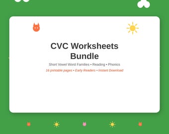 CVC-Arbeitsblätter-Paket, druckbare Übungen zur Phonetik kurzer Vokale, für Leseanfänger, Sofort-Download