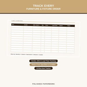 Puede incluir: Una plantilla de seguimiento de pedidos de mobiliario y accesorios con una tabla que incluye columnas para Item, Vendor, SKU/Item #, Qty, Price, Lead Time, Status y Notes. El documento incluye una clave de estado y el texto TRACK EVERY FURNITURE & FIXTURE ORDER.
