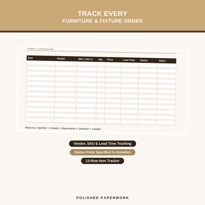 Puede incluir: Una plantilla de seguimiento de pedidos de mobiliario y accesorios con una tabla que incluye columnas para Item, Vendor, SKU/Item #, Qty, Price, Lead Time, Status y Notes. El documento incluye una clave de estado y el texto TRACK EVERY FURNITURE & FIXTURE ORDER.