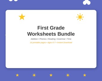 Arbeitsblätter-Paket für die erste Klasse, druckbare Übungen zu Addition, Subtraktion, Phonetik und Lesezeit, für Kinder von 6-7 Jahren, Sofort-Download