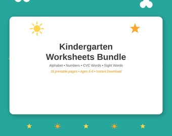 Arbeitsblätter-Paket für den Kindergarten, druckbare Alphabet-Zahlen-CVC-Wörter zum Üben der Addition, Alter 5-6, Sofort-Download