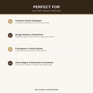 Puede incluir: Un documento digital con el encabezado PERFECT FOR Every Interior Designer & Home Stylist. Enumera cuatro categor&iacute;as: Freelance Interior Designers, Design Studios & Small Firms, E-Designers & Virtual Stylists y Home Stagers & Renovation Consultants, cada una con un icono de marca de verificaci&oacute;n y texto descriptivo, terminando con el texto POLISHED PAPERWORK.
