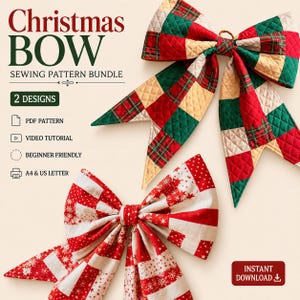 Paquete de patrones de costura para lazos navideños, 2 patrones en PDF, lazo acolchado gigante + lazo de patchwork reversible, tutorial para corona de árbol y lazo para puerta.