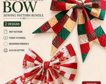 Naaipatroonset met strikken, 2 PDF-patronen: een grote gewatteerde strik en een omkeerbare patchworkstrik, voor kerstdecoratie als deurkrans of piek in de kerstboom.