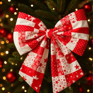 May include: A large, decorative Christmas bow made of red and white patterned fabric. The bow features a patchwork design with stars, snowflakes, and polka dots. It is tied in the center and is displayed on a Christmas tree.