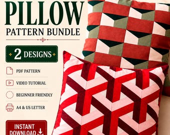Bundel met geometrische 3D-kussenpatronen, 2 PDF-naaipatronen, kussenhoes met optische illusie en patchwork, en een tutorial voor beginners over het quilten van een kussen.