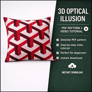 Wzór na poduszkę z iluzją optyczną 3D, geometryczny poradnik szycia patchworku, samouczek wykonania nowoczesnej poduszki (wzór w formacie PDF)