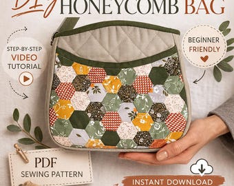 Molde em PDF para bolsa patchwork favo de mel, guia de costura 3D para bolsa transversal geométrica, tutorial em vídeo
