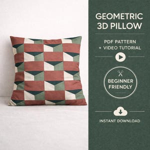 3D Geometric Pillow Pattern, Modern Patchwork Cushion, Video Tutorial (PDF Pattern)