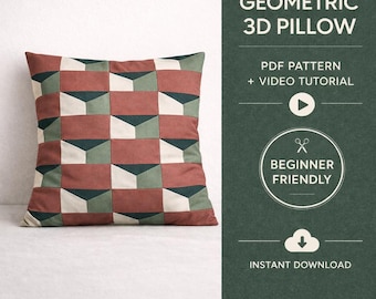 Wzór na poduszkę 3D w formacie PDF, nowoczesna poszewka na poduszkę w patchworku, samouczek wideo szycia dla początkujących