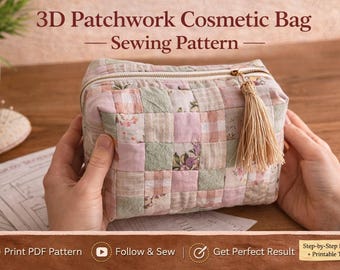 Molde em PDF para costura de nécessaire quadrada com zíper, tutorial de necessaire acolchoada para maquiagem, 3 tamanhos, ideal para iniciantes.