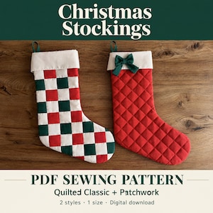May include: Two Christmas stockings as a PDF sewing pattern. One stocking features a red and green checkered patchwork design, while the other is solid red with a quilted diamond pattern and a small green bow. Both have white cuffs.