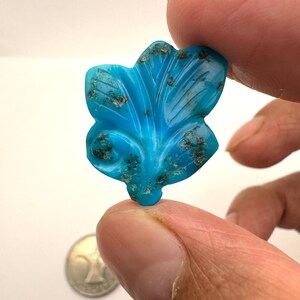 Può includere: Una gemma turchese brillante intagliata in una forma stilizzata di foglia o fiore con inclusioni naturali di matrice marrone scuro su tutta la superficie. Il pezzo è tenuto tra le dita, con una piccola moneta color argento visibile sullo sfondo.
