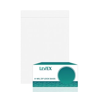 May include: A stack of clear, white 4-mil zip lock bags with a white background. A box of LEVEX 4-MIL ZIP LOCK BAGS is in front of the bags. The box has a teal and white design with the LEVEX logo.