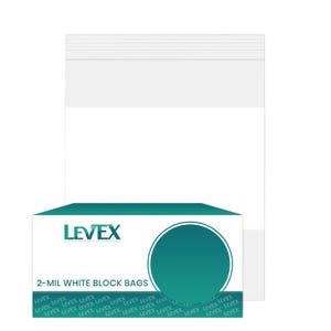 May include: A white plastic bag with a zip closure is displayed above a white box. The box has the text "LEVEX" in teal and the words "2-MIL WHITE BLOCK BAGS". The box also has a teal and white gradient circle.