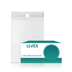 May include: Clear plastic 2-mil hang hole bags. The bags are sealed at the top and have a reinforced hole for hanging. A box of bags is also shown, with the "LEVEX" logo and the text "2-MIL HANG HOLE BAGS". The box has a teal circle.