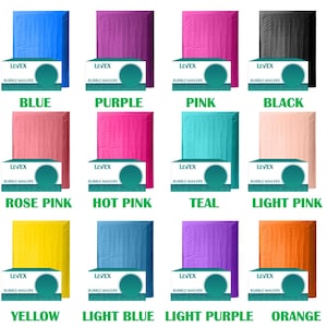 May include: A collection of colorful bubble mailers in various shades, including blue, purple, pink, and black. Each mailer is paired with a box labeled "LEVEX BUBBLE MAILERS" and a color name. The image showcases a range of packaging options.
