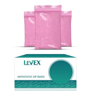 May include: Three pink antistatic zip bags with a white box below. The box has the brand name "LEVEX" and the text "ANTISTATIC ZIP BAGS". The box has a teal circle on the right side.