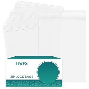 May include: A stack of clear, resealable zip lock bags. The bags are transparent with a white zip closure at the top. A box with the text "ZIP LOCK BAGS" and the brand name "LEVEX" is in the foreground.