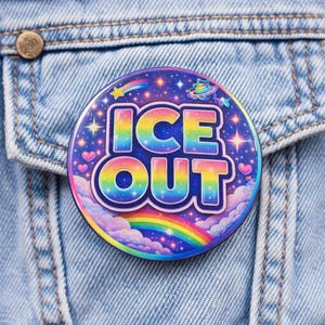 Botón de salida de ICE • Pin holográfico de protesta • Insignia con la Declaración de los Derechos de los Inmigrantes y la Abolición