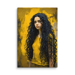 May include: A canvas print featuring a portrait of a person with long, dark, curly hair. The person is wearing a yellow shirt and is set against a textured yellow background.