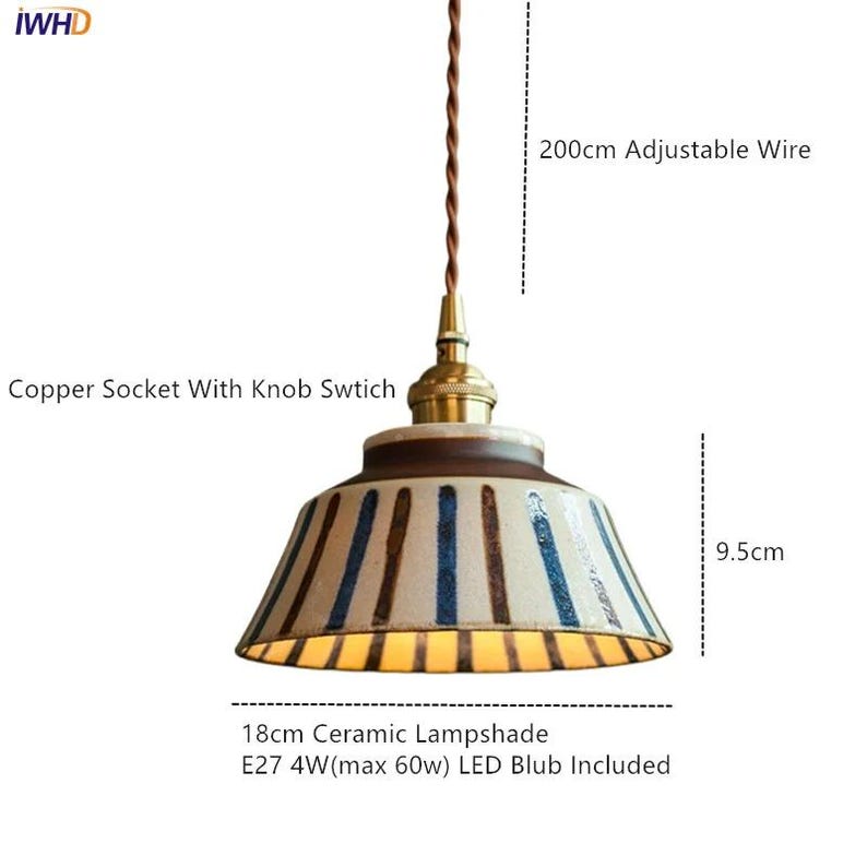 May include: Ceramic pendant light with a brown and cream lampshade, adorned with vertical blue stripes. Features a copper socket with a knob switch and a 200cm adjustable wire. The lampshade is 18cm wide and 9.5cm tall.