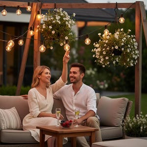 以下が含まれることがあります： 屋外の灰色のソファに座るカップル。白い花のハンギングバスケットと、飲み物と果物のある小さな木製のテーブルがシーンを完成させます。男性はライトを指しています。
