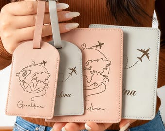 Ensemble porte-passeport et étiquette de bagage personnalisés, Portefeuille passeport en cuir personnalisé, Cadeau de mariage, Cadeau de voyage pour couple, Cadeaux de lune de miel