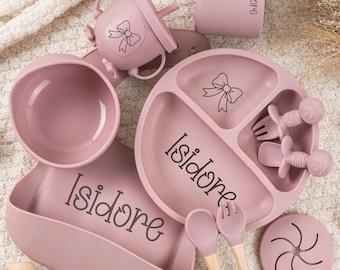 Set de repas personnalisé avec nom, set de sevrage en silicone gravé, set de sevrage personnalisé, bol et bavoir pour tout-petits, assiette pour bébé, cadeau de baby shower