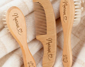 Set de cepillo y peine para bebé personalizado, cepillo de madera con nombre grabado, regalo para baby shower, regalo para mamá primeriza, regalo para recién nacido.