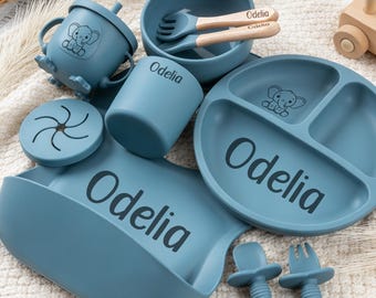 Set de alimentación de silicona grabado para bebé, set de alimentación personalizado con nombre, tazón y babero para bebé, plato para bebé, regalo para baby shower