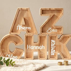 Salvadanaio in legno personalizzato con lettere per bambini, regalo in legno per bambini, salvadanaio con nome personalizzato, salvadanaio in legno con lettere dell'alfabeto, regali di compleanno