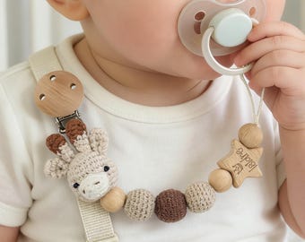 Personalisierter Schnullerclip mit Tier, Name für Babypartygeschenk, Schnullerhalter für Neugeborene, Geschenk für Neugeborene, Schnullerclip aus Holz mit Stern