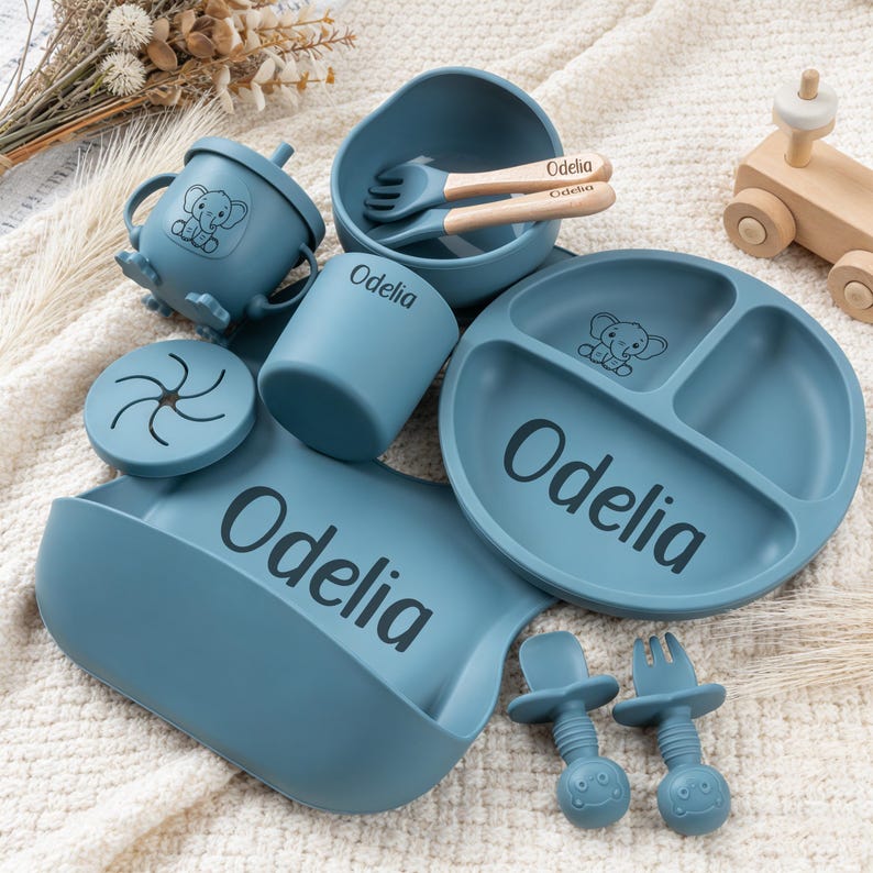 Engraved Silicone Baby Weaning Set 10 PCS, Custom Name Feeding Set, Personalized Keepsake, Baby Shower Gift, First Birthday